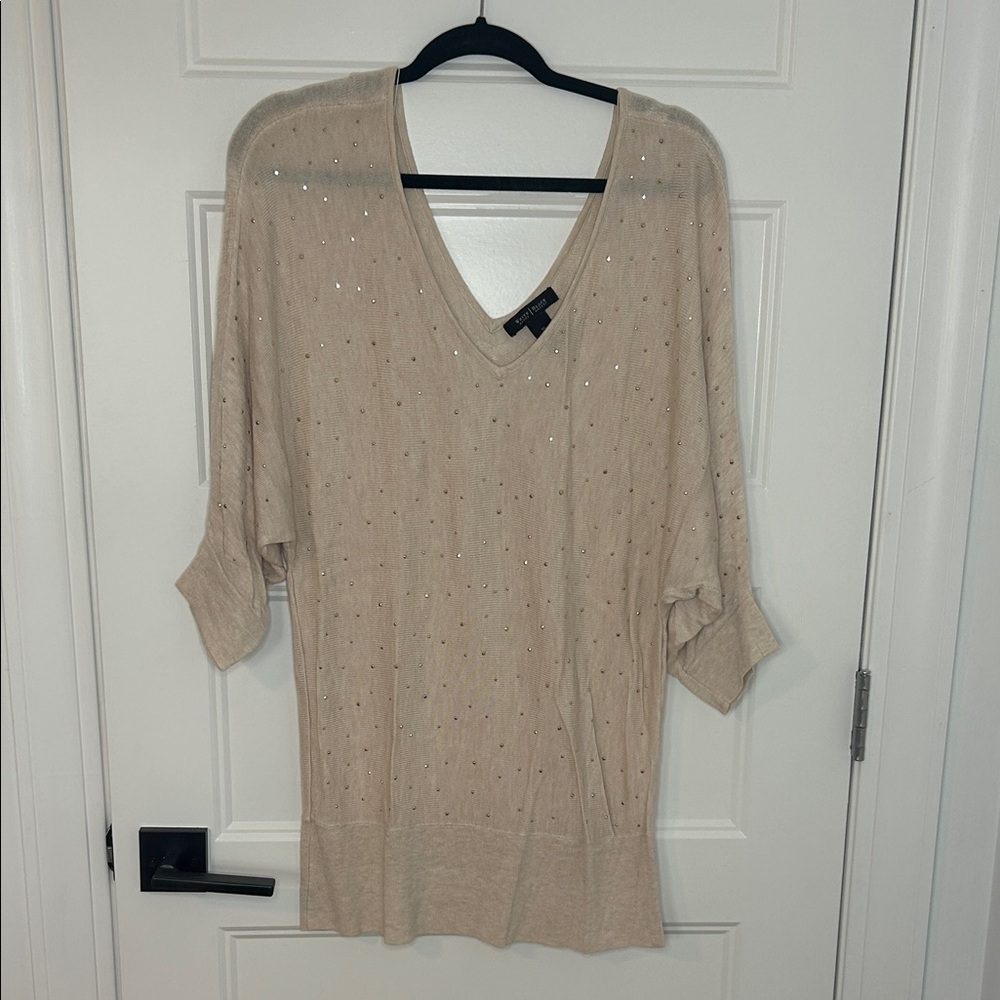 White House Black Market Beige V-Neck Sweater with Rhinestones